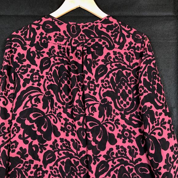 Ann Taylor  LOFT Womens Blouse Maroon Black Floral Long Sleeve Sheer Large - Picture 11 of 11